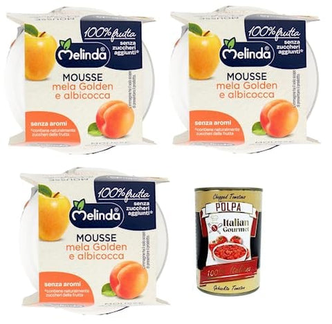 Melinda Mousse Mela Golden e Albicocca,100% Natürliches Fruchtpüree,Goldenes Apfel-Aprikosen-Mousse ( 2 x 100g ) 3x Original italienisch inkl. Italian Gourmet Polpa di Pomodoro 400g Dose