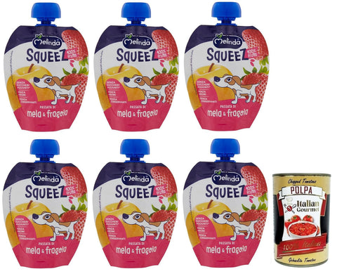 Melinda Mela Fragola Squeez 100% Frucht,Apfel- und Erdbeerpüree,Obst zum Auspressen,90g 6x Original italienisch inkl. Italian Gourmet Polpa di Pomodoro 400g Dose