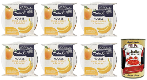 Melinda Mousse Mela Golden e Banana,100% Natürliches Fruchtpüree,Goldenes Apfel-Bananen-Mousse ( 2 x 100g ) 6x Original italienisch inkl. Italian Gourmet Polpa di Pomodoro 400g Dose