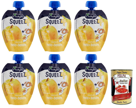 Italian Gourmet E.R. Obst Melinda Mela Banana Squeez 100% Frucht,Apfel- und Bananenpüree,Obst zum Auspressen,90g + Italian Gourmet Polpa di Pomodoro 400g Dose 8007049400237