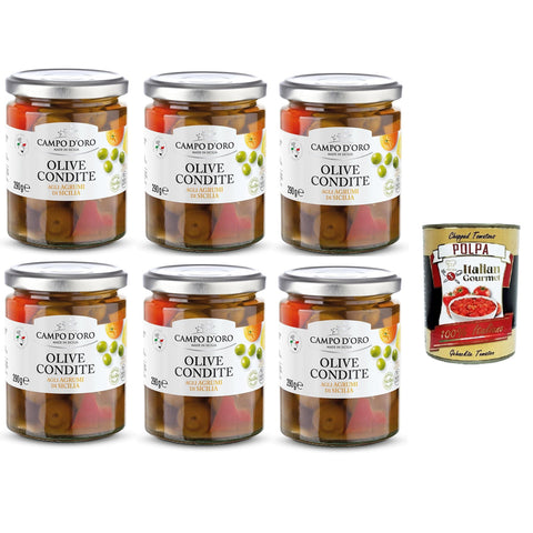 Campo D'Oro Olive Condite agli agrumi di Sicilia Oliven von Campo D'Oro, gewürzt mit sizilianischen Zitrusfrüchten 6x290gr Original italienisch inkl. Italian Gourmet Polpa 400g