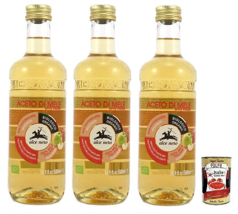 Italian Gourmet E.R. Öl, Essig & Dressings 3x Alce Nero Aceto di Mele Biologico,Bio-Apfelessig,Hergestellt aus italienischen Äpfeln 500-ml-Flasche + Italian Gourmet Polpa di Pomodoro 400g Dose 8009004908482