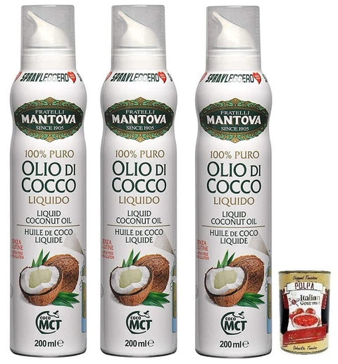 Italian Gourmet E.R. Öl, Essig & Dressings 3x Fratelli Mantova Olio di Cocco Spray Liquido,Kokosöl Spray,Italienisches Flüssiges Kokosöl 200ml + Italian Gourmet Polpa di Pomodoro 400g Dose 8006830994863