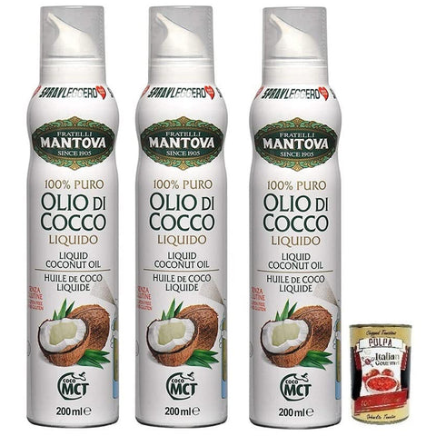 Mantova Fratelli Mantova Olio di Cocco Spray Liquido, Kokosöl Spray, Italienisches Flüssiges Kokosöl 3x 200ml inkl. Italian Gourmet Polpa di Pomodoro 400g Dose Original italienisch