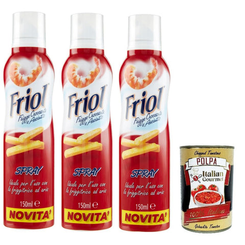 Friol Olio Spray, Sprühöl, ideal für die Verwendung mit der Heißluftfritteuse, Für knuspriges und trockenes Frittiergut 3x 150ml Original italienisch inkl. Italian Gourmet Polpa 400g