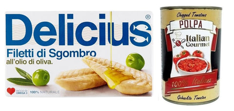 Italian Gourmet E.R. Oliven 10x Delicius Filetti di Sgombro all'Olio di Oliva,Makrelenfilets in Olivenöl,reich an Omega 3,Hochwertiger Blauer Fisch,125g + Italian Gourmet Polpa di Pomodoro 400g Dose 8006460021250