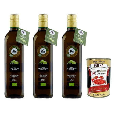Alce Nero Olio 100% Bio - Natives Olivenöl Extra, mit italienischen Bio - Oliven, Glasflasche 3x 750ml inkl. Italian Gourmet Polpa di Pomodoro 400g Dose Original italienisch