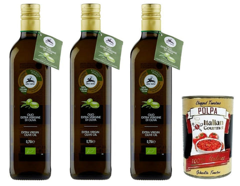 Alce Nero Olio 100% Bio - Natives Olivenöl Extra, mit italienischen Bio - Oliven, Glasflasche 3x 750ml inkl. Italian Gourmet Polpa di Pomodoro 400g Dose Original italienisch
