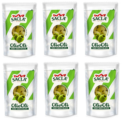 Saclà OlivOli Olive Verdi Snocciolate Entkernte Grüne Oliven Ideal für Aperitifs, Salate und zum Anreichern Ihrer Gerichte 185g Beutel ( Abgetropft) 6x 85g Original italienisch