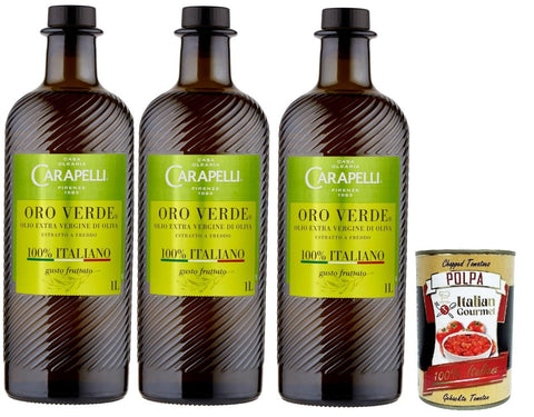 Italian Gourmet E.R. Oliven Carapelli, olio extra vergine di oliva Oro Verde, 100% Italiano, 100% italienisch Native Olivenöl. 3x 1lt + Italian Gourmet polpa 400g 8032804040014
