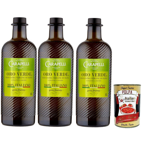 Carapelli olio extra vergine di oliva Oro Verde, 100% Italiano, 100% Native Olivenöl. 3x 1lt inkl. Italian Gourmet polpa 400g Original italienisch