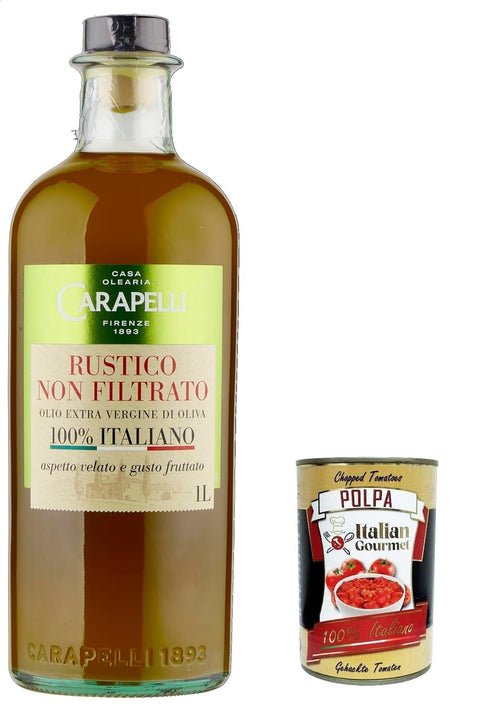 Carapelli olio extra vergine di oliva Rustico Non Filtrato, 100% Italiano, 100% Rustikal Native Olivenöl. 1lt inkl. Italian Gourmet polpa 400g Original italienisch