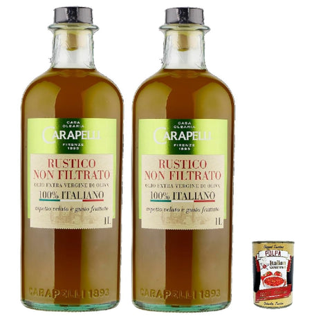 Italian Gourmet E.R. Oliven Carapelli Rustico Non Filtrato Extra Vergines Olivenöl, 100% Italienisch, 2x 1 Liter Flaschen, + Italian Gourmet polpa 400g