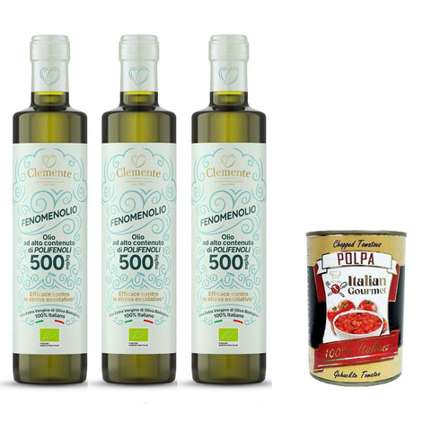 Clemente 100% Natives Olivenöl Extra „Fenomenolio“ mit hohem Polyphenolgehalt - 3x500 ml Original italienisch inkl. Italian Gourmet Polpa 400g