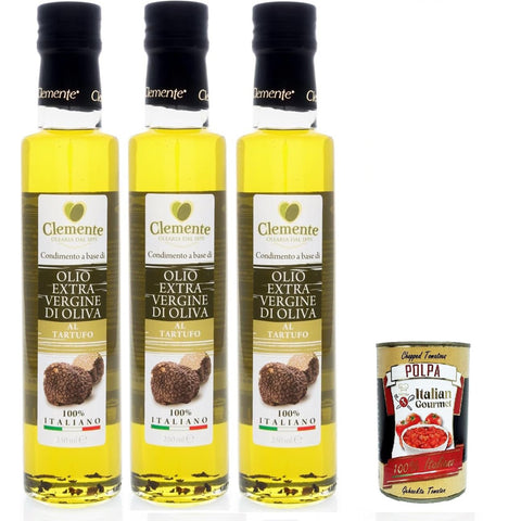 Clemente-Öl Trüffelgeschmack 3 Flaschen à 250 ml | Italienisches Extra Natives Olivenöl | Glutenfreies italienisches Olivenöl extra vergine Original italienisch inkl. Italian Gourmet Polpa 400g