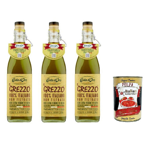 Costa D'oro il grezzo 100% italiano non filtrato olio extra vergine di oliva rohes 100% ungefiltertes natives Olivenöl extra 3x75ml inkl. Italian Gourmet Polpa di Pomodoro 400g Original italienisch