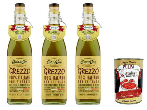 Italian Gourmet E.R. Oliven Costa d'oro il grezzo 100% italiano non filtrato olio extra vergine di oliva rohes 100% italienisches ungefiltertes natives Olivenöl extra 3x75ml+ Italian Gourmet Polpa di Pomodoro 400g 8032804040014