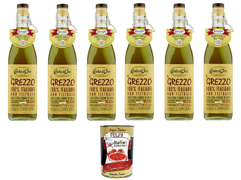 Costa d'oro il grezzo 100% italiano non filtrato olio extra vergine di oliva rohes 100% italienisches ungefiltertes natives Olivenöl extra 6x75ml Original italienisch inkl. Italian Gourmet Polpa di Pomodoro 400g