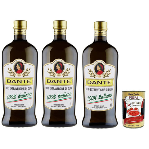 Dante Olio Extravergine di Oliva 100% Italiano, 100% Extra Natives Olivenöl 1Lt Speiseöl Öl Küchenöl 3x 1 L inkl. Italian Gourmet polpa 400g Original italienisch