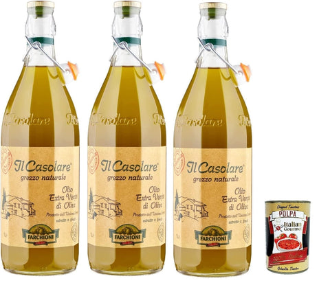 Italian Gourmet E.R. Oliven Farchioni Casolare, Il grezzo, Kaltgepresst, Olivenöl Extra Vergine 3x 1Lt 100% extra nativ natives Olio Oliva + Italian Gourmet Polpa 400g 8032804040014