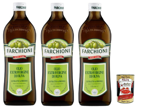 Farchioni Extra vergine di oliva Classico, Extra Natives nativ Olive Olivenöl 3x 1Lt, olio vergine oliva 1lt Original italienisch inkl. Italian Gourmet Polpa 400g