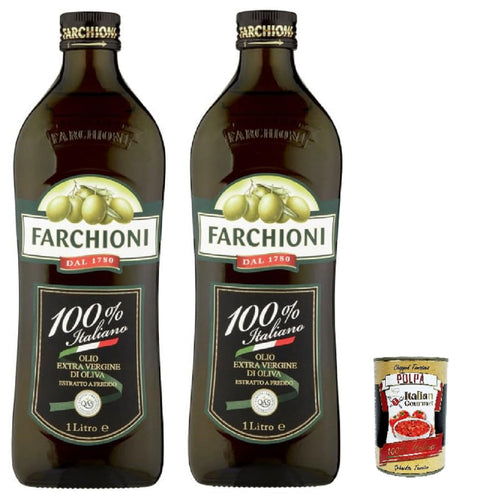 Italian Gourmet E.R. Oliven Farchioni Extra Vergine Olivenöl 100% Italiano, 1 Liter, 2 Flaschen mit Italian Gourmet polpa 400g