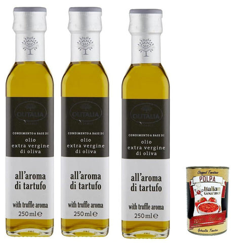 Olitalia Olio Condimento a Base di olio extra vergine di oliva all'aroma di tartufo, Extra Natives Olivenöl Trüffelgeschmack 3x 250ml Original italienisch inkl. Italian Gourmet Polpa 400g