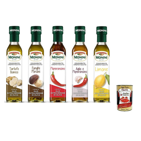 Monini Öl Gewürz auf Basis von nativem Olivenöl extra,5 verschiedene Geschmacksrichtungen,( 5 x 250ml ) TESTPAKET Original italienisch inkl. Italian Gourmet Polpa di Pomodoro 400g Dose