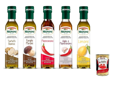 Italian Gourmet E.R. Oliven TESTPAKET Monini Öl Gewürz auf Basis von nativem Olivenöl extra,5 verschiedene Geschmacksrichtungen,( 5 x 250ml ) + Italian Gourmet Polpa di Pomodoro 400g Dose