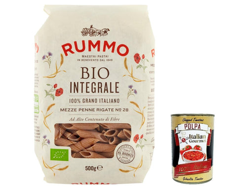 Italian Gourmet E.R. Pasta & Saucen 5x Rummo Pasta Integrale Mezze Penne rigate N. 28, Vollkornnudeln Nudeln Vollkorn Italienische Pasta 500g + Italian Gourmet polpa 400g 8008343709491