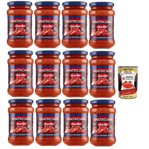 Barilla Sugo all'Amatriciana, Salsa, Fertige Tomatensauce mit 100% italienischem Speck, Zwiebeln und Chilischote 12x 300 gr Original italienisch inkl. Italian Gourmet Polpa 400g