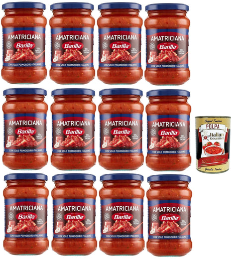 Italian Gourmet E.R. Pasta & Saucen Barilla Sugo all'Amatriciana, Salsa, Fertige Tomatensauce mit 100% italienischem Speck, Zwiebeln und Chilischote 12x 300 gr + Italian Gourmet polpa 400g 8032804040014