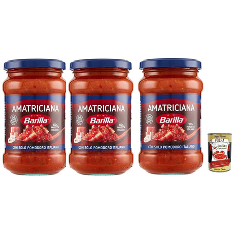 Barilla Sugo all'Amatriciana, Salsa, Fertige Tomatensauce mit 100% italienischem Spek, Zwiebeln und Chilischote 3x 300 gr Original italienisch inkl. Italian Gourmet Polpa 400g