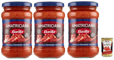 Italian Gourmet E.R. Pasta & Saucen Barilla Sugo all'Amatriciana, Salsa, Fertige Tomatensauce mit 100% italienischem Spek, Zwiebeln und Chilischote 3x 300 gr + Italian Gourmet polpa 400g 8032804040014