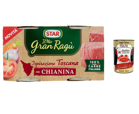 Italian Gourmet E.R. Pastasaucen 12x Il mio Gran ragù Star Ispirazione Toscana Mit Chianina-Rindfleisch tomatensauce 2x 100g sauce Tomatensuppe + Italian gourmet polpa 400g 80024880