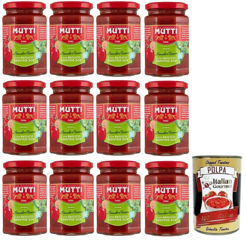 Italian Gourmet E.R. Pastasaucen 12x Mutti Sugo con Basilico,Sauce mit Rossoro-Tomate und Genuesischem Basilikum DOP,Italienische Tomatensauce 280g + Italian Gourmet Polpa di Pomodoro 400g Dose 8005110513053
