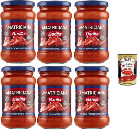 Italian Gourmet E.R. Pastasaucen Barilla Amatriciana Pastasauce, Italienische Tomatensauce mit Speck und Chili, 400g, 6er Pack,+ Italian Gourmet polpa 400g