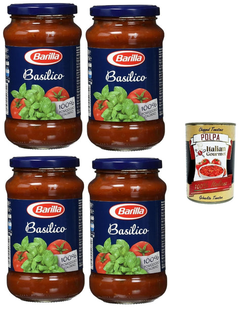 Italian Gourmet E.R. Pastasaucen Barilla Basilico Tomatensoße, 100% Italienische Tomaten, 4 x 400g Gläser, + Italian Gourmet polpa 400g