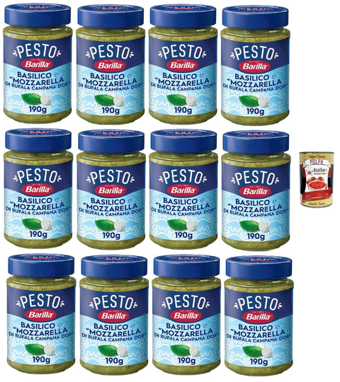 Barilla Pesto Basilico e Mozzarella di Bufala Campana DOP, Gewürz und Sauce für Pasta, 12x 190g Original italienisch inkl. Italian Gourmet Polpa 400g