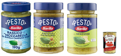 Italian Gourmet E.R. Pastasaucen Barilla Pesto Testpaket, Basilico, Pistacchio e Basilico e Mozzarella di Bufala Campana DOP, Gewürz und Sauce für Pasta, 3x 190g + Italian Gourmet polpa 400g 8032804040014