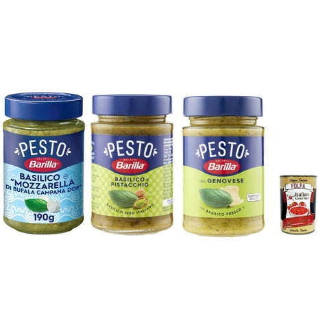 Barilla Pesto Testpaket, Basilico, Pistacchio e Basilico e Mozzarella di Bufala Campana DOP, Gewürz und Sauce für Pasta 3x 190g inkl. Italian Gourmet polpa 400g Original italienisch