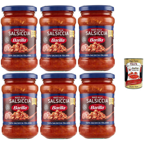 Barilla Ragù alla Salsiccia, Italienische Wurstsoße, 6 x 300g Gläser Original italienisch inkl. Italian Gourmet Polpa 400g