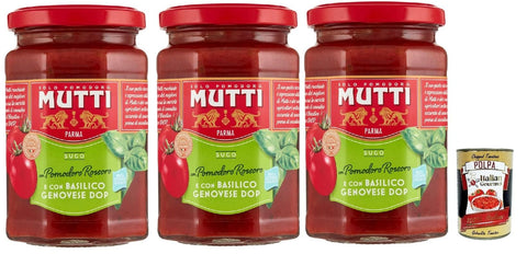 Italian Gourmet E.R. Pastasaucen Mutti Sugo di pomodori con pomodoro rossoro e con "Basilico Genovese DOP, Tomatensauce mit Rossoro -Tomaten und mit "Genovese Basilikum Dop", 3x 280g + Italian Gourmet polpa 400g 8032804040014
