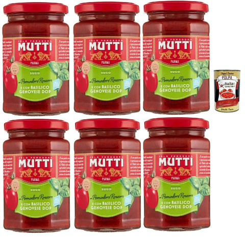 Mutti Sugo di pomodori con pomodoro rossoro e con "Basilico Genovese DOP, Tomatensauce mit Rossoro -Tomaten und mit "Genovese Basilikum Dop", 6x 280g Original italienisch inkl. Italian Gourmet Polpa 400g
