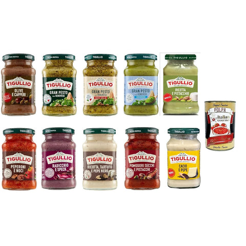 Tigullio Gourmet Saucen - Set,, Pesto alla Genovese, Cacio e Pepe, Ricotta mit Trüffel, Pistazie, Oliven und weitere Sorten, Italienische Spezialitäten 10 x 190g inkl. Italian Gourmet polpa 400g Original italienisch