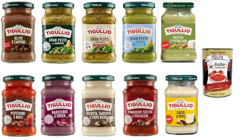 Italian Gourmet E.R. Pastasaucen Tigullio Gourmet Saucen-Set, 10 x 190g, Pesto alla Genovese, Cacio e Pepe, Ricotta mit Trüffel, Pistazie, Oliven und weitere Sorten, Italienische Spezialitäten, + Italian Gourmet polpa 400g