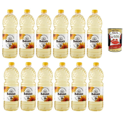 Basso Sonnenblumenöl,Olio di Semi di Girasole Speiseöl 12x 1Lt PET Original italienisch inkl. Italian Gourmet Polpa 400g