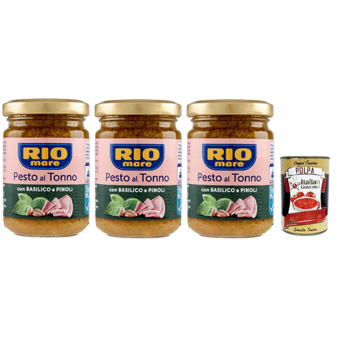 Rio Mare Pesto al Tonno con Basilico e Pinoli, Thunfischpesto mit Basilikum und Pinienkernen pasta sauce 3x 130 g inkl. Italian Gourmet polpa 400g Original italienisch