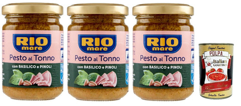 Italian Gourmet E.R. Pasten & Kochsaucen Rio mare Pesto al Tonno con Basilico e Pinoli, Thunfischpesto mit Basilikum und Pinienkernen pasta sauce 3x 130 g + Italian Gourmet polpa 400g 8032804040014