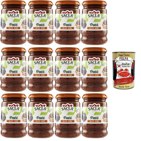 Saclà Patè Saclà, Patè di Olive Nere Patè aus schwarzen Oliven, ideal für einen Aperitif und zur Bereicherung Ihrer Gerichte, Glas 12x190 g inkl. Italian Gourmet polpa 400g Original italienisch